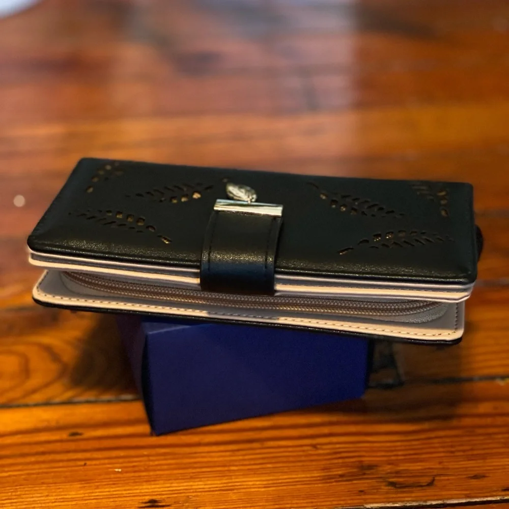 Vegan Leather Black & Gold Wallet Leaf Cut Out Design NWOT